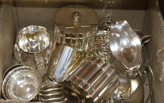 A quantity of mixed plated wares including two tea caddies, toastracks, sauceboats etc.